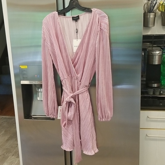 💕BARDOT Bellissa Long Sleeve Faux Wrap Dress Sorbet Pink Metallic Shine XL NWT - Picture 8 of 16